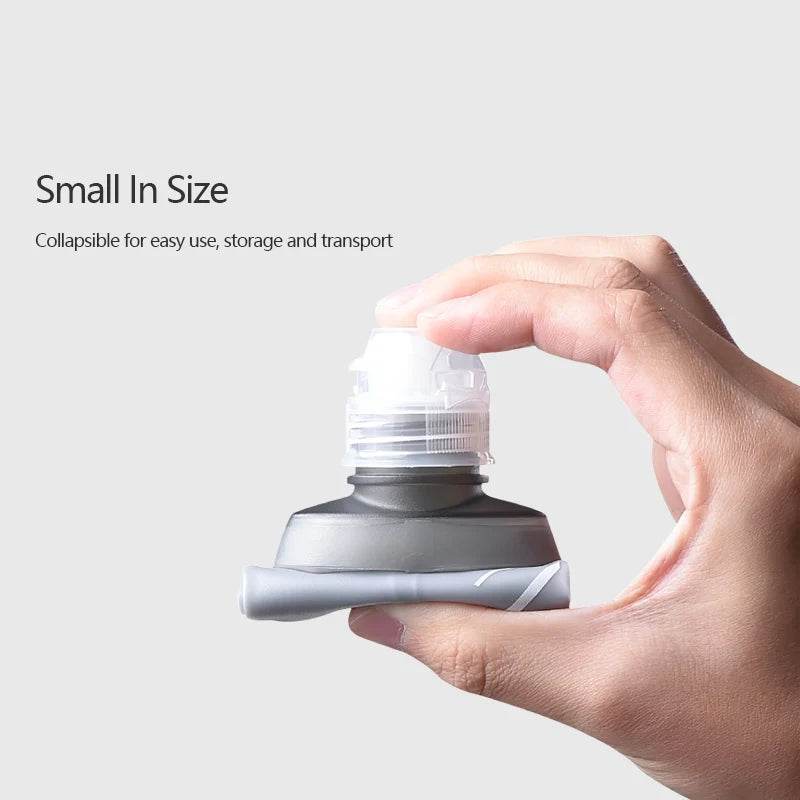 Close-up of the soft flask, showing its collapsible design and fill opening.

