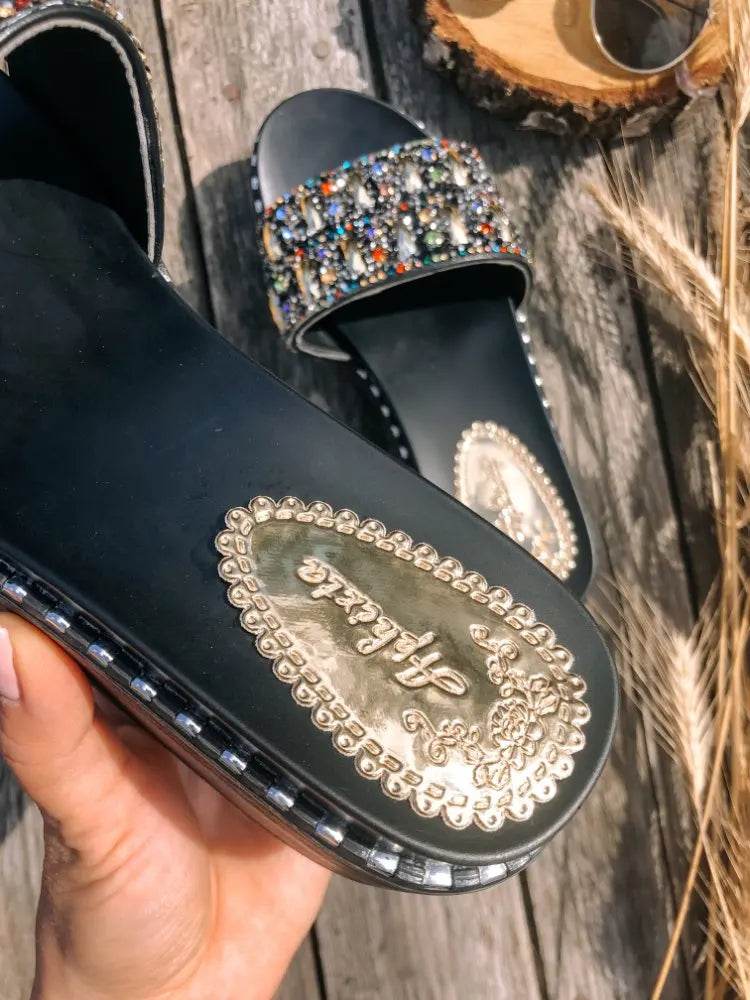 Rhinestone Platform Slides – Wedge Sandals with Gemstones & Beaded Straps for Summer Beach Style - Stylemein