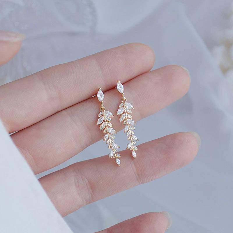 14K Gold Leaf Stud Earrings – Cubic Zirconia Wedding Jewelry