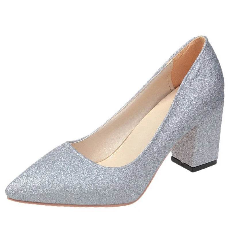 7.5cm Square Heel Bling Pumps – Pointed Toe Career Shoes for Work, Office & Party - Stylemein