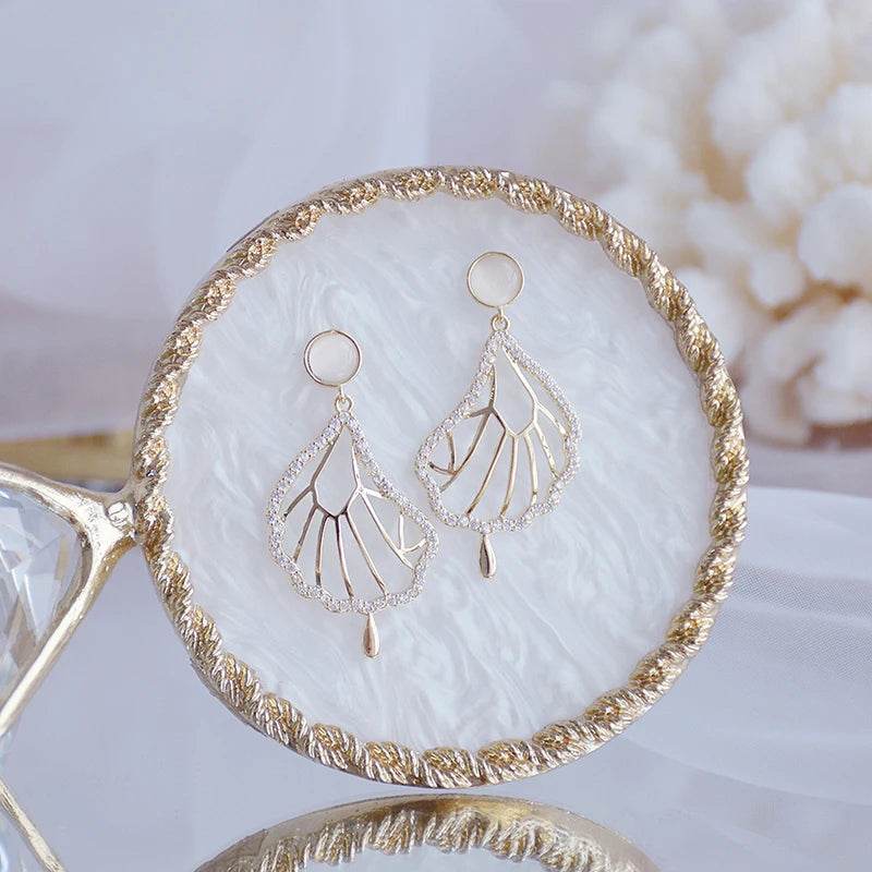 Stylemein - 14K Gold Leaf Stud Earrings – Cubic Zirconia Wedding Jewelry