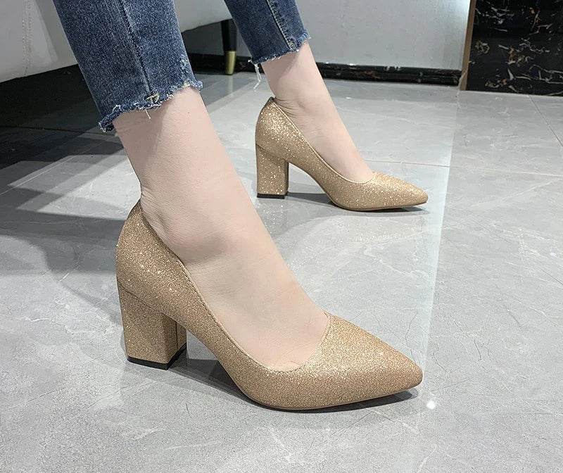 7.5cm Square Heel Bling Pumps – Pointed Toe Career Shoes for Work, Office & Party - Stylemein