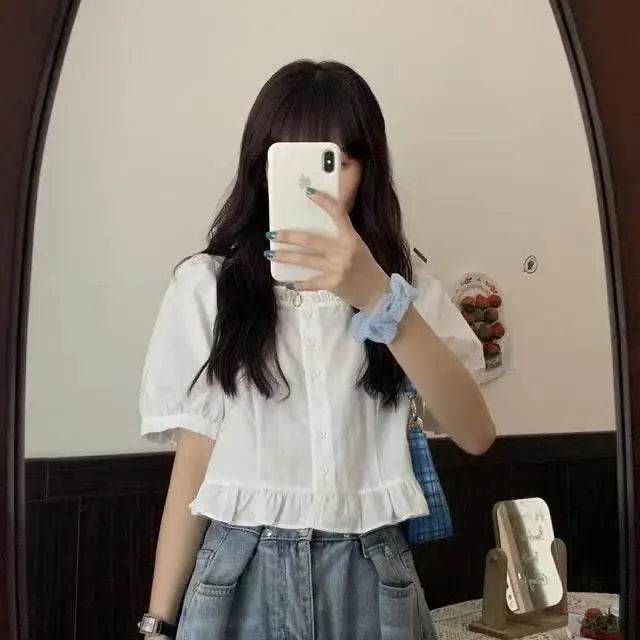 Korean-Inspired Ruffle Chiffon Blouse – Cute Cropped Short Sleeve Feminine Chic Shirt for Women - Stylemein
