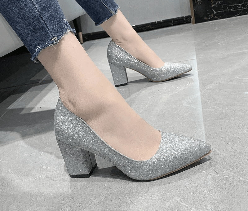 7.5cm Square Heel Bling Pumps – Pointed Toe Career Shoes for Work, Office & Party - Stylemein