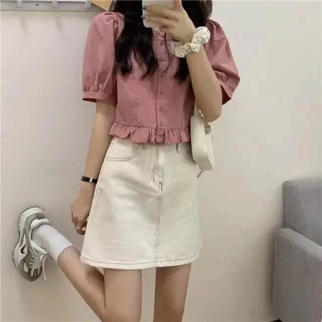 Korean-Inspired Ruffle Chiffon Blouse – Cute Cropped Short Sleeve Feminine Chic Shirt for Women - Stylemein