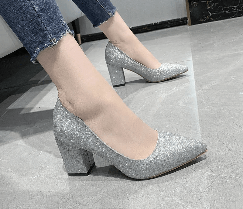 7.5cm Square Heel Bling Pumps – Pointed Toe Career Shoes for Work, Office & Party - Stylemein