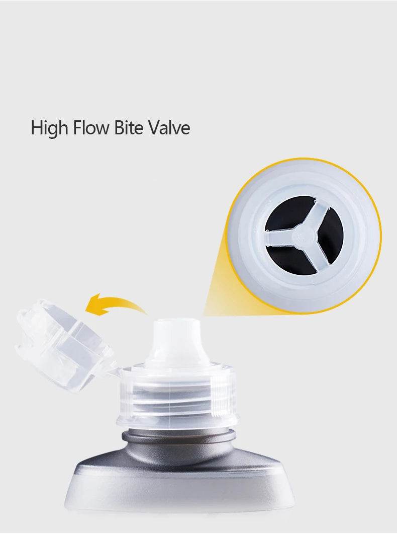 The soft flask filled with water, highlighting its compact size.