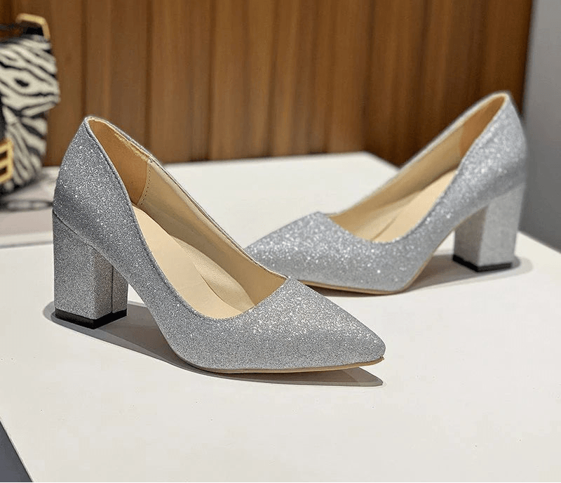 7.5cm Square Heel Bling Pumps – Pointed Toe Career Shoes for Work, Office & Party - Stylemein