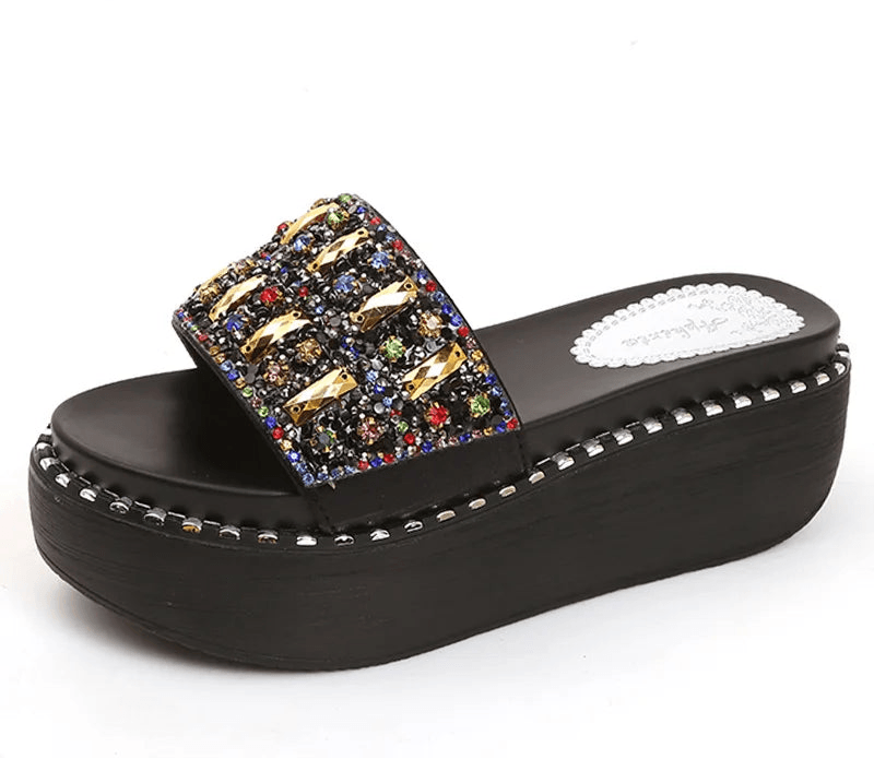 Rhinestone Platform Slides – Wedge Sandals with Gemstones & Beaded Straps for Summer Beach Style - Stylemein
