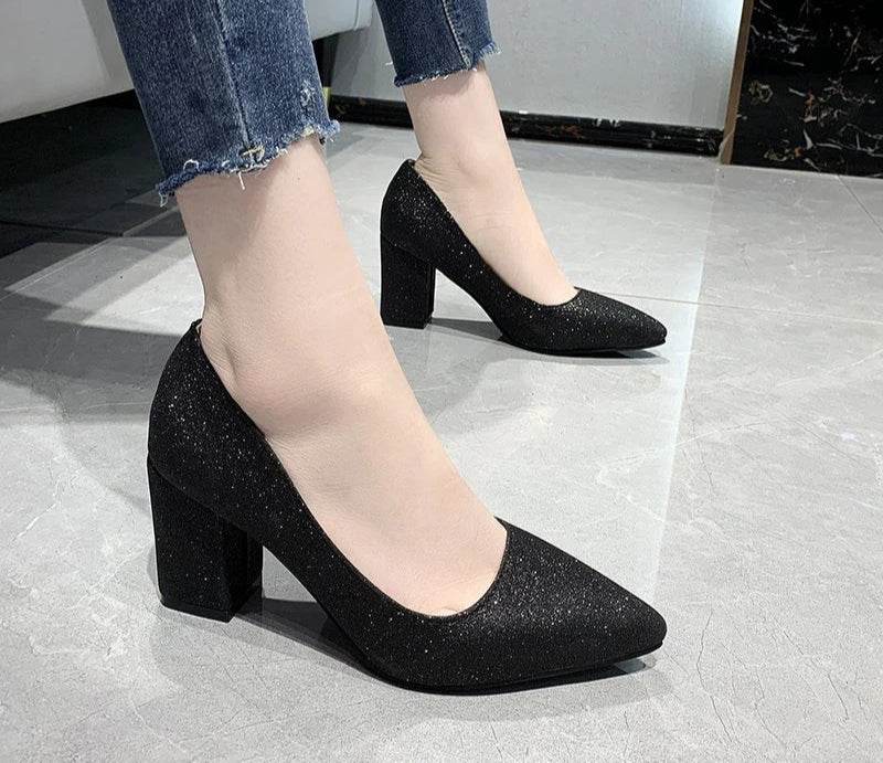 7.5cm Square Heel Bling Pumps – Pointed Toe Career Shoes for Work, Office & Party - Stylemein