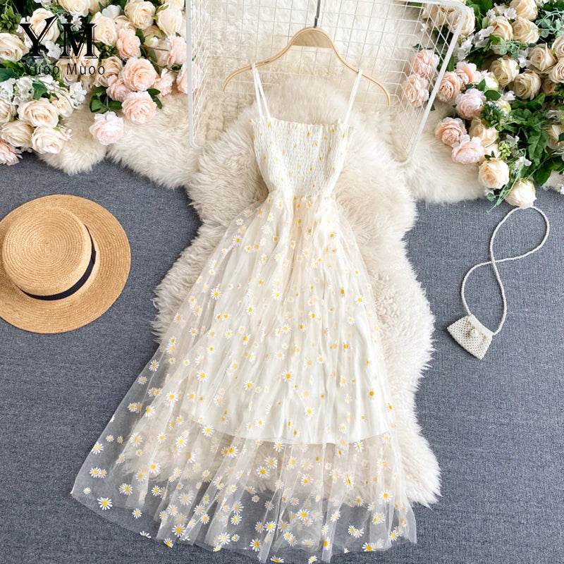 Daisy Flower Print Mesh Party Dress | Summer Spaghetti Strap Midi Dress | Beach Vacation Vestidos - Stylemein