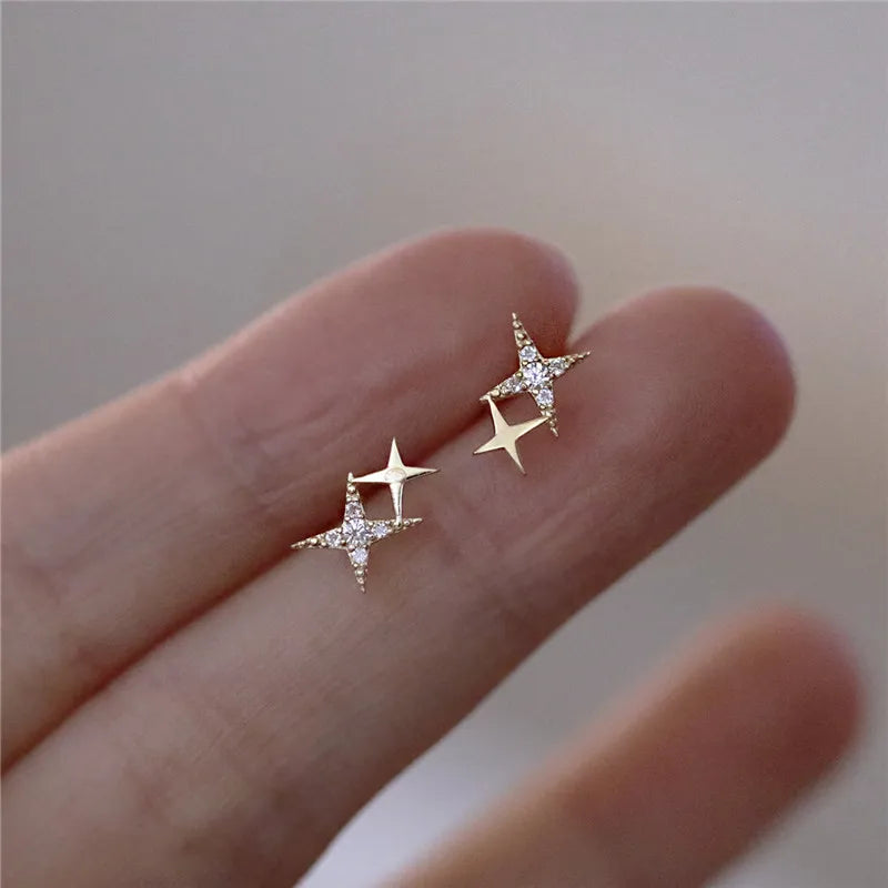 925 Sterling Silver Four-Pointed Star Earrings – 14k Gold Plated Crystal Studs