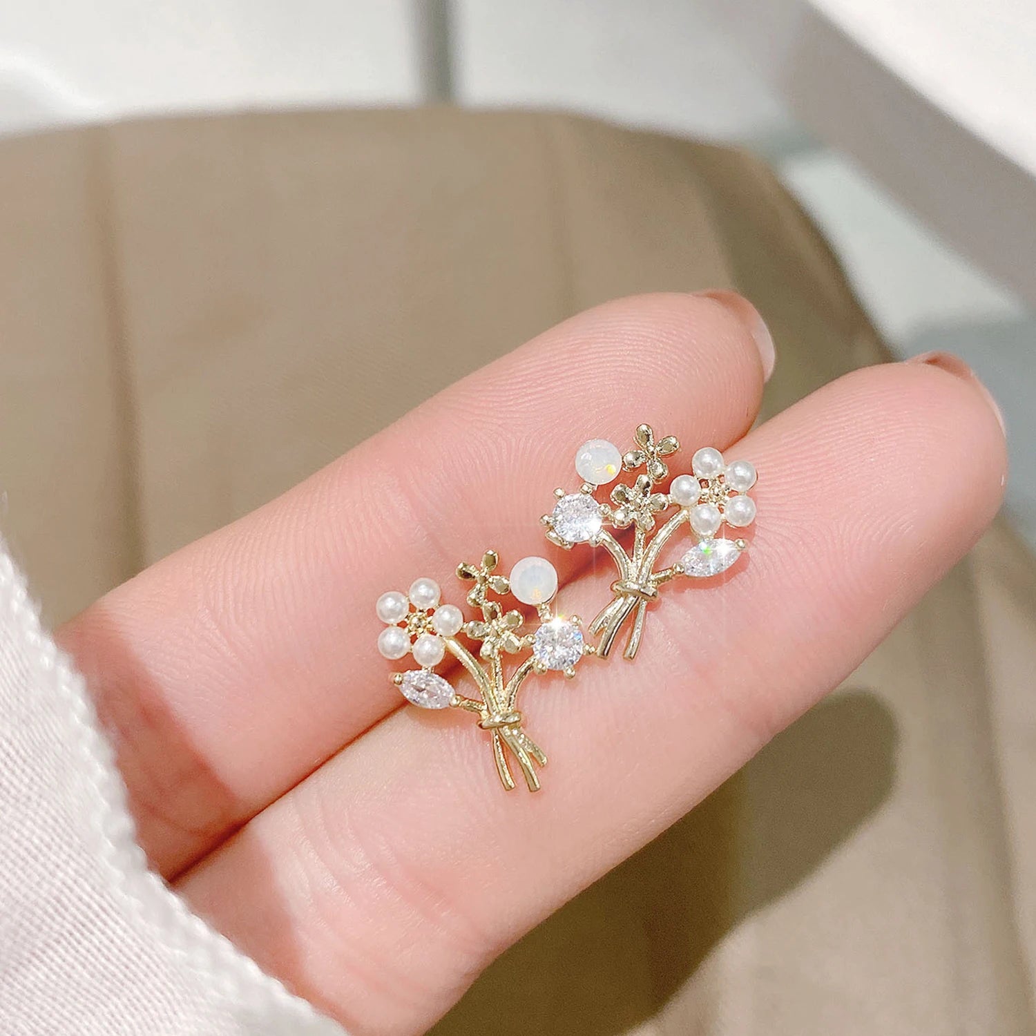 14K Gold Leaf Stud Earrings – Cubic Zirconia Wedding Jewelry