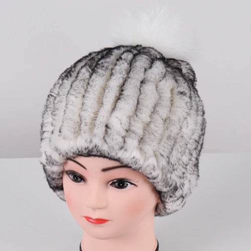 Luxurious Winter Knit Hat with Real Rex Rabbit Fur Pom-Pom