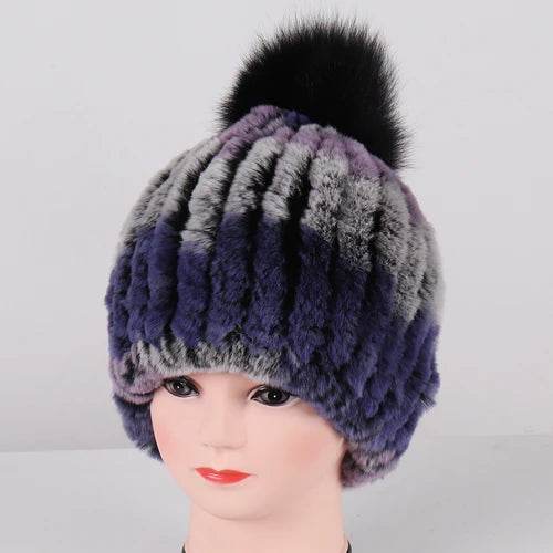 Luxurious Winter Knit Hat with Real Rex Rabbit Fur Pom-Pom