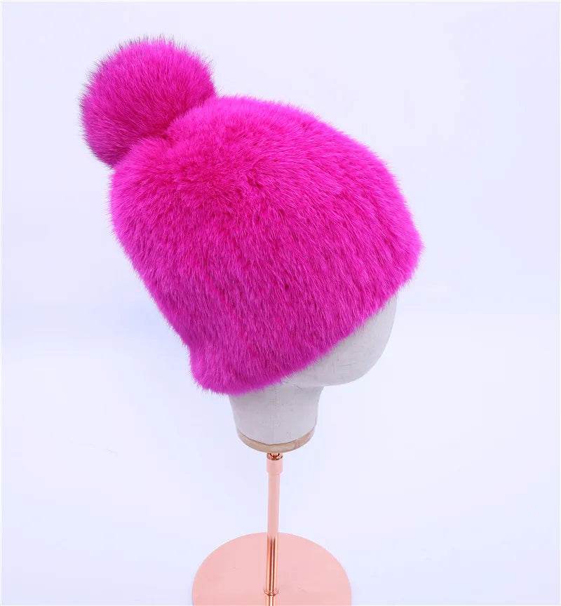 Winter Luxe: 100% Real Mink Fur Beanie with Fox Fur Pom-Pom - Stylemein