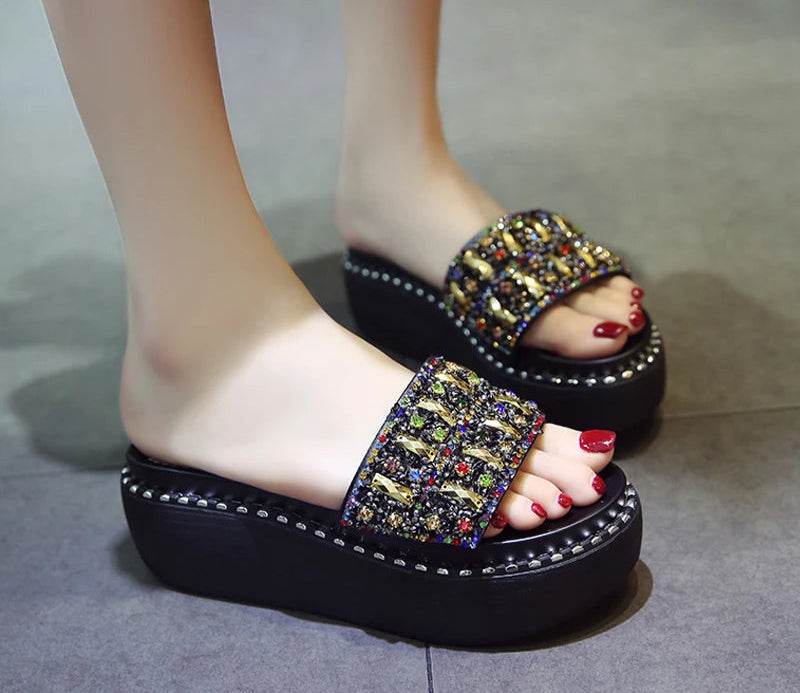 Rhinestone Platform Slides – Wedge Sandals with Gemstones & Beaded Straps for Summer Beach Style - Stylemein