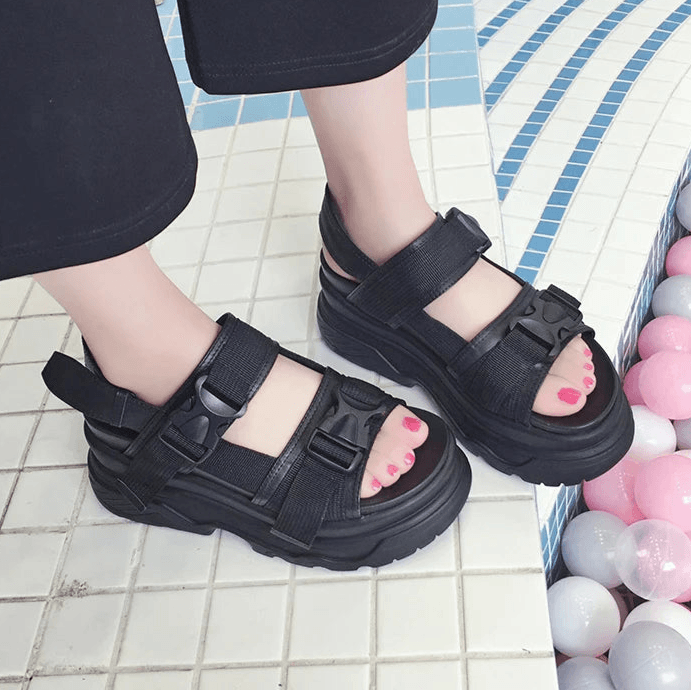 8cm Platform Wedge Sandals – Buckle Strap, Leather & Canvas Mix, Summer High Heel Shoes - Stylemein