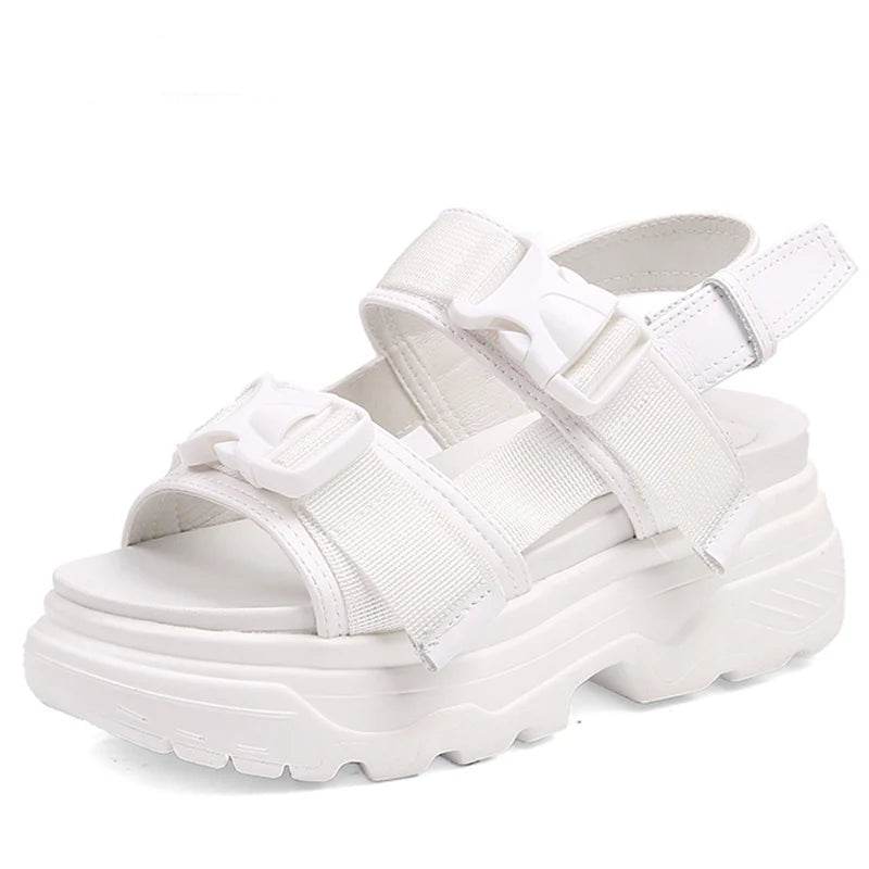 8cm Platform Wedge Sandals – Buckle Strap, Leather & Canvas Mix, Summer High Heel Shoes - Stylemein