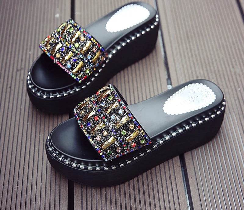 Rhinestone Platform Slides – Wedge Sandals with Gemstones & Beaded Straps for Summer Beach Style - Stylemein