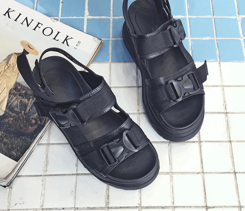 8cm Platform Wedge Sandals – Buckle Strap, Leather & Canvas Mix, Summer High Heel Shoes - Stylemein