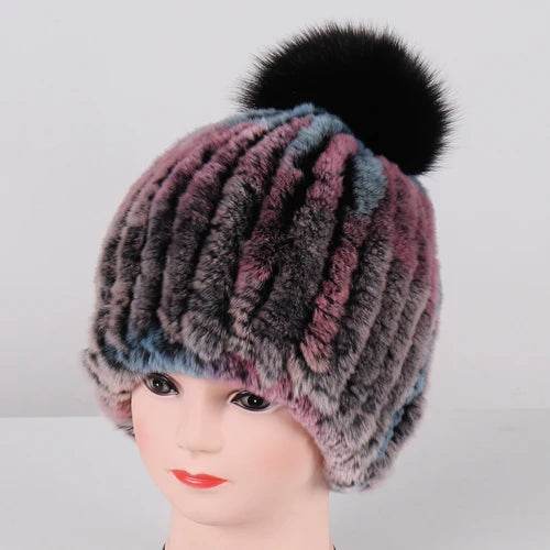 Luxurious Winter Knit Hat with Real Rex Rabbit Fur Pom-Pom