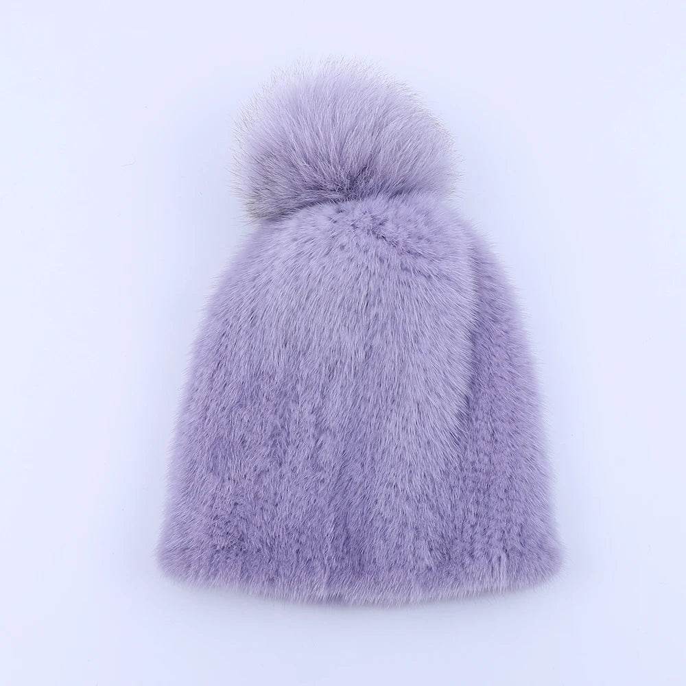 Winter Luxe: 100% Real Mink Fur Beanie with Fox Fur Pom-Pom - Stylemein