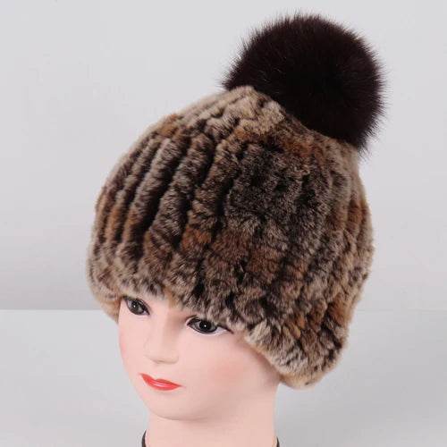 Luxurious Winter Knit Hat with Real Rex Rabbit Fur Pom-Pom