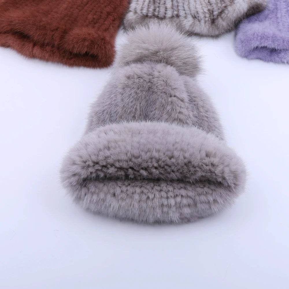 Winter Luxe: 100% Real Mink Fur Beanie with Fox Fur Pom-Pom - Stylemein