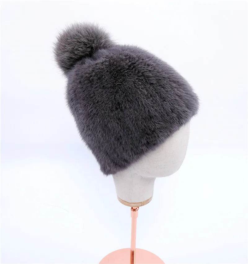 Winter Luxe: 100% Real Mink Fur Beanie with Fox Fur Pom-Pom - Stylemein