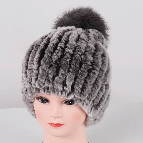 Luxurious Winter Knit Hat with Real Rex Rabbit Fur Pom-Pom