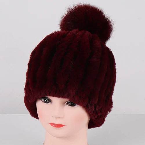 Luxurious Winter Knit Hat with Real Rex Rabbit Fur Pom-Pom
