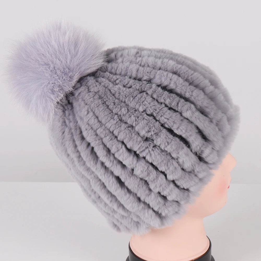 Luxurious Winter Knit Hat with Real Rex Rabbit Fur Pom-Pom - Stylemein