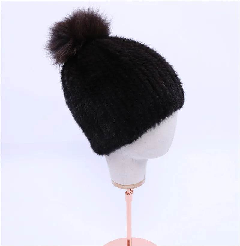 Winter Luxe: 100% Real Mink Fur Beanie with Fox Fur Pom-Pom - Stylemein