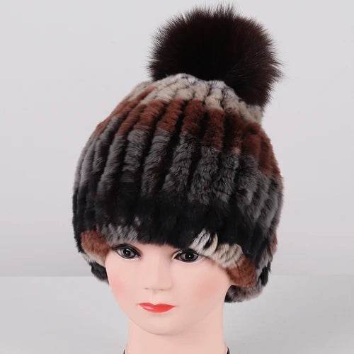 Luxurious Winter Knit Hat with Real Rex Rabbit Fur Pom-Pom