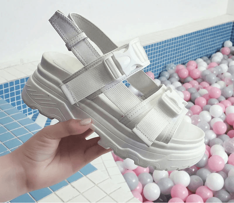 8cm Platform Wedge Sandals – Buckle Strap, Leather & Canvas Mix, Summer High Heel Shoes - Stylemein