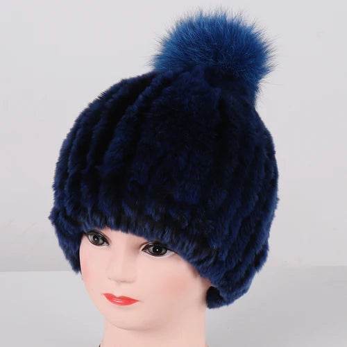 Luxurious Winter Knit Hat with Real Rex Rabbit Fur Pom-Pom