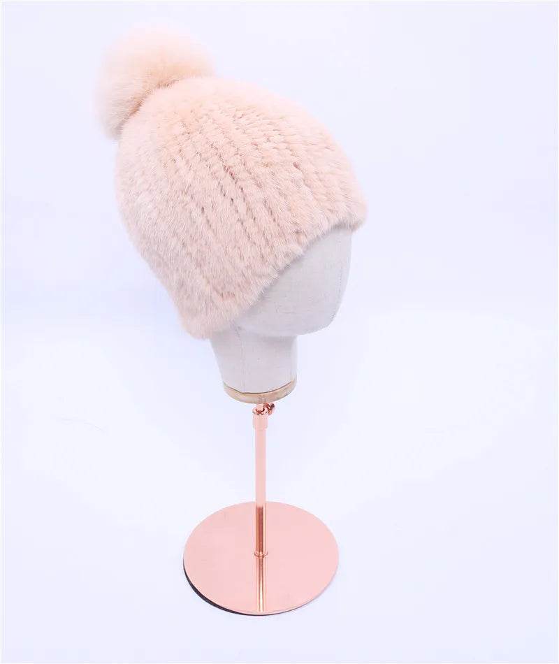 Winter Luxe: 100% Real Mink Fur Beanie with Fox Fur Pom-Pom - Stylemein