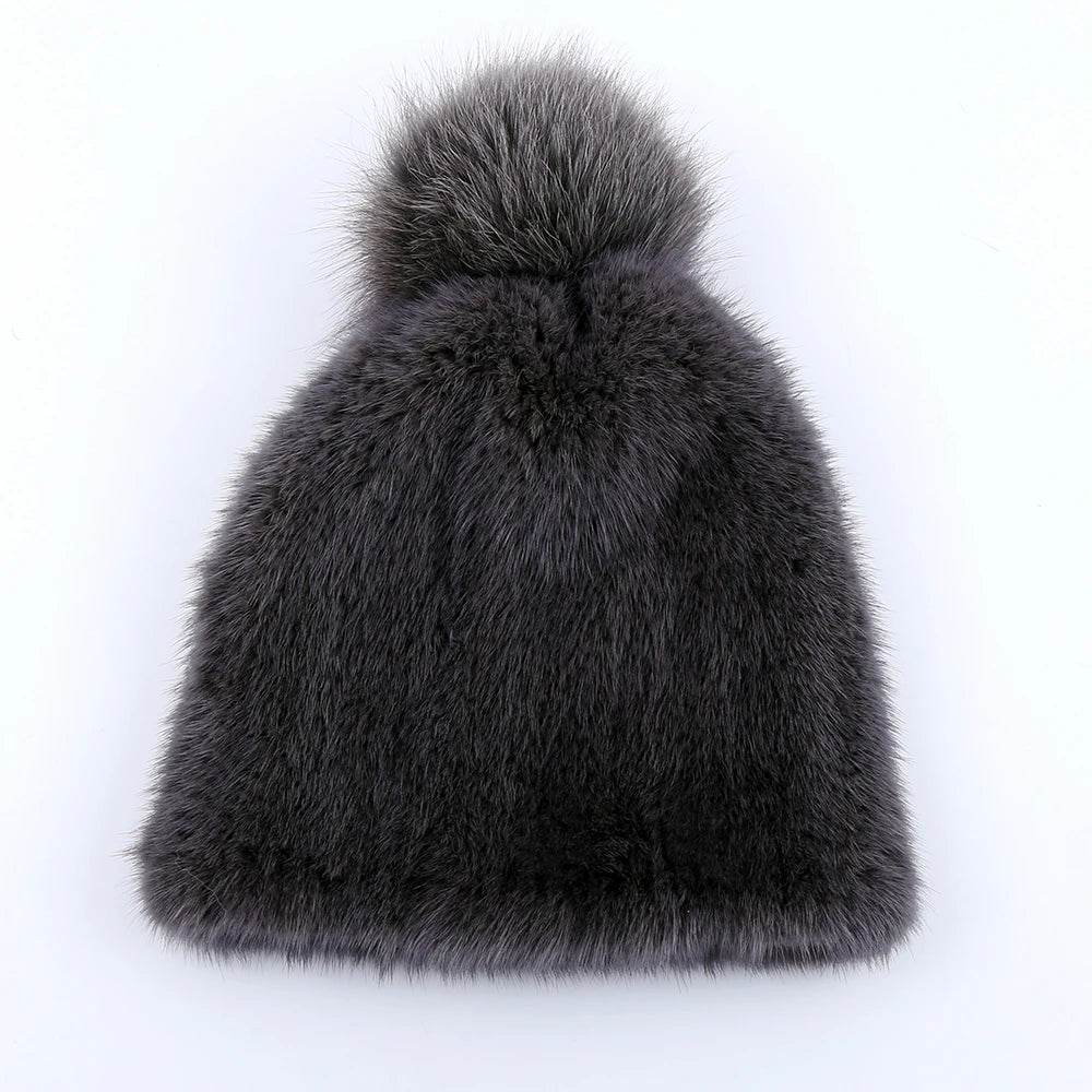 Winter Luxe: 100% Real Mink Fur Beanie with Fox Fur Pom-Pom - Stylemein