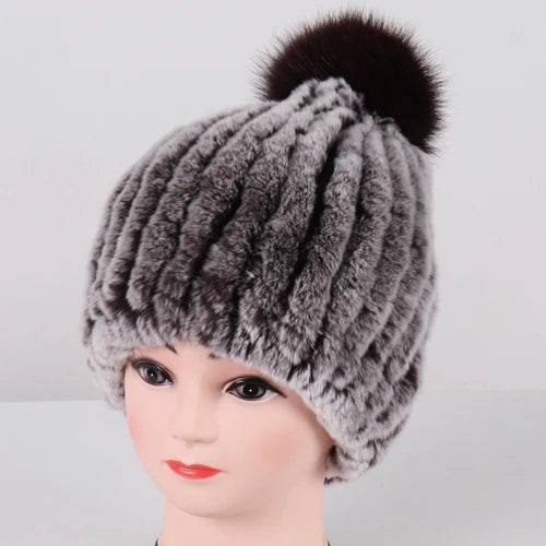 Luxurious Winter Knit Hat with Real Rex Rabbit Fur Pom-Pom