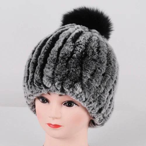 Luxurious Winter Knit Hat with Real Rex Rabbit Fur Pom-Pom