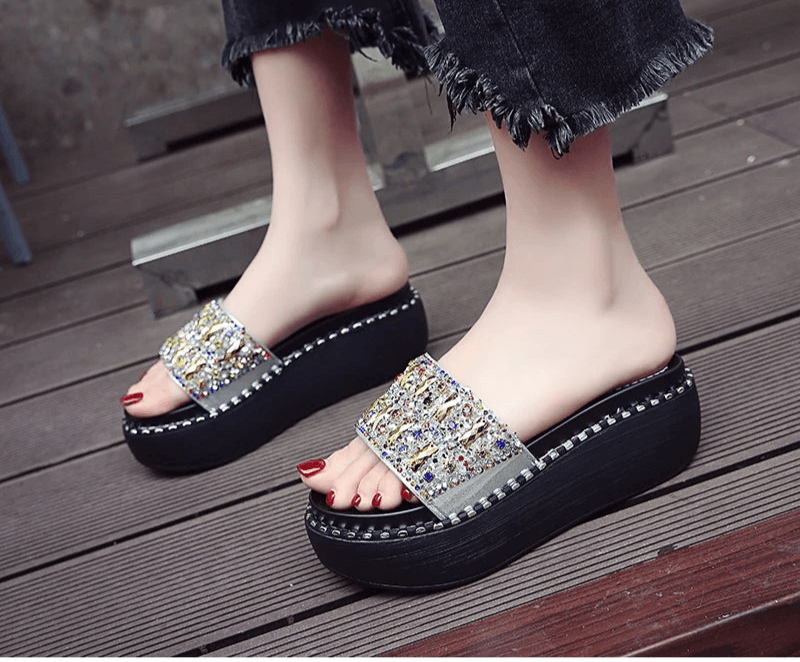 Rhinestone Platform Slides – Wedge Sandals with Gemstones & Beaded Straps for Summer Beach Style - Stylemein
