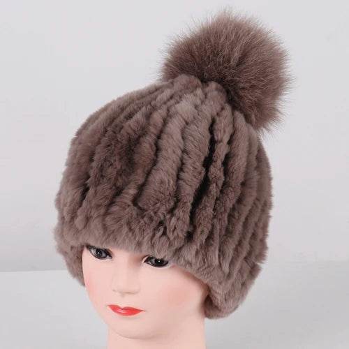 Luxurious Winter Knit Hat with Real Rex Rabbit Fur Pom-Pom