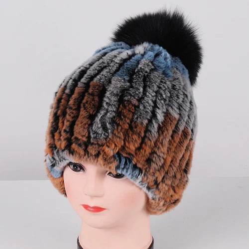 Luxurious Winter Knit Hat with Real Rex Rabbit Fur Pom-Pom