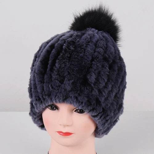Luxurious Winter Knit Hat with Real Rex Rabbit Fur Pom-Pom