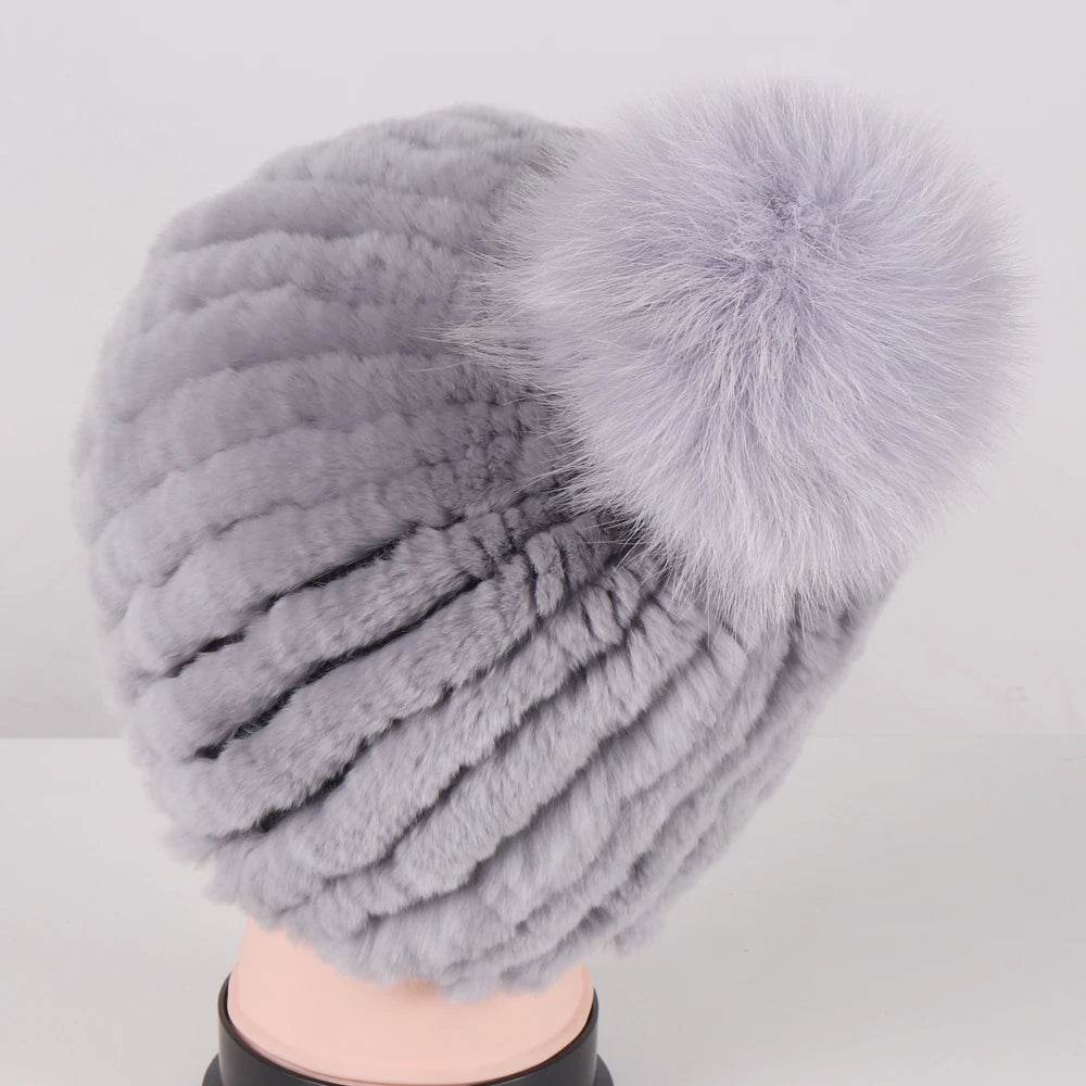 Luxurious Winter Knit Hat with Real Rex Rabbit Fur Pom-Pom