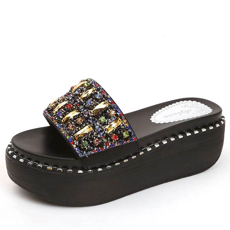 Rhinestone Platform Slides – Wedge Sandals with Gemstones & Beaded Straps for Summer Beach Style - Stylemein