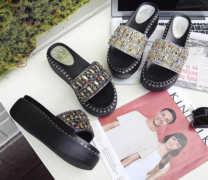 Rhinestone Platform Slides – Wedge Sandals with Gemstones & Beaded Straps for Summer Beach Style - Stylemein