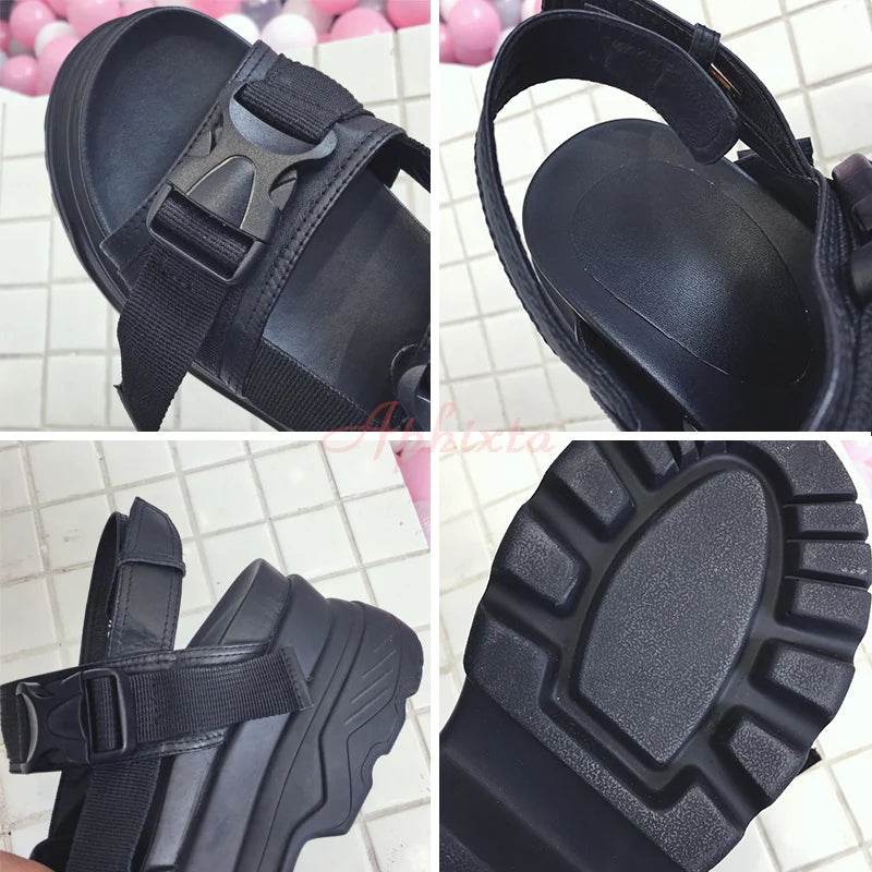 8cm Platform Wedge Sandals – Buckle Strap, Leather & Canvas Mix, Summer High Heel Shoes - Stylemein