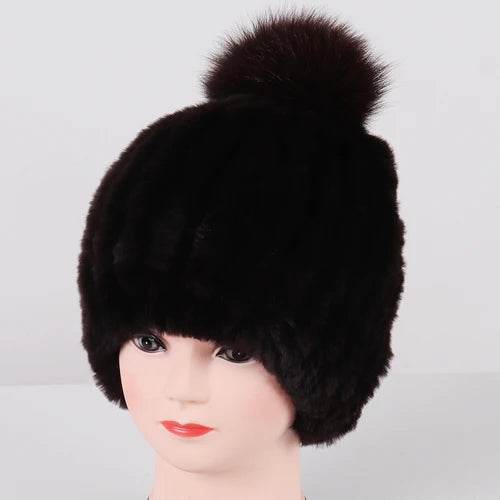 Luxurious Winter Knit Hat with Real Rex Rabbit Fur Pom-Pom